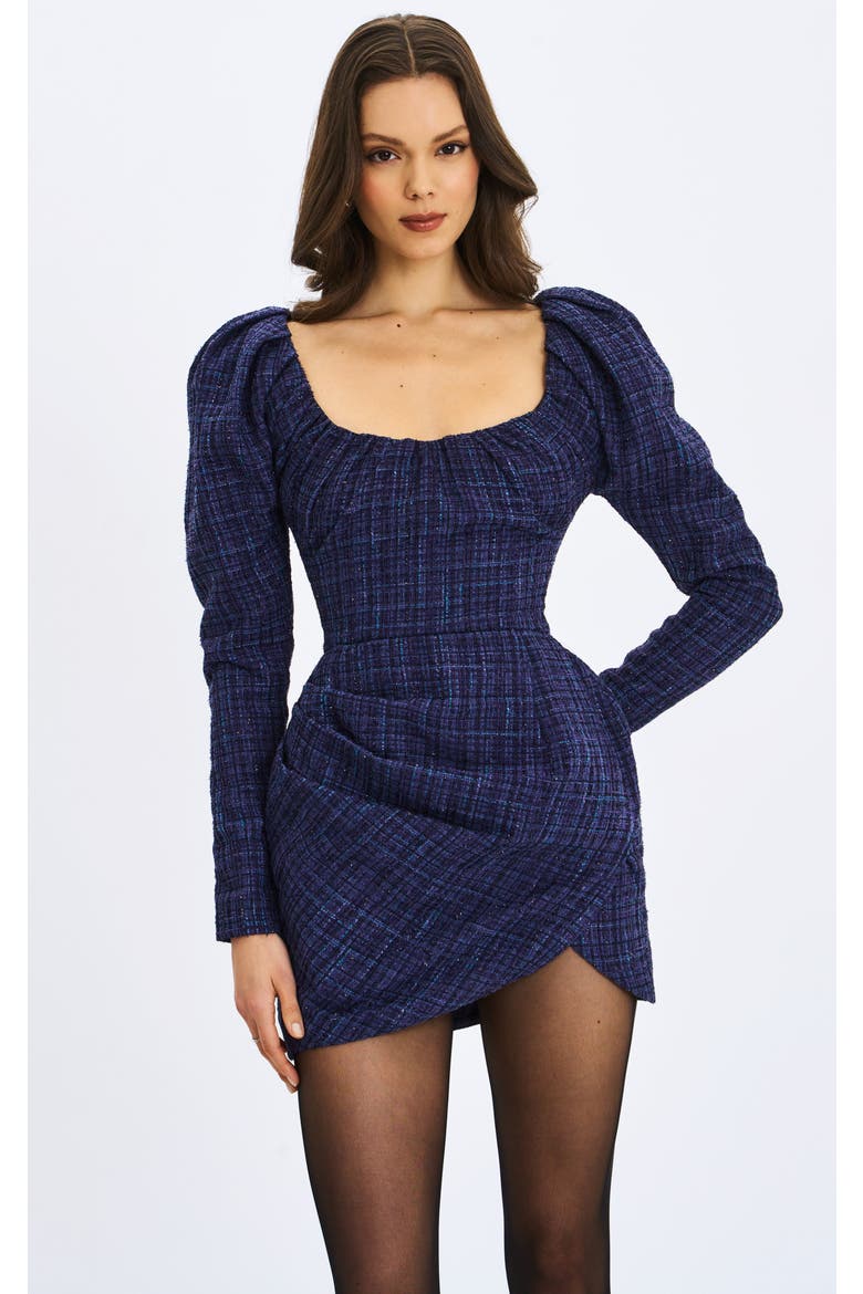 Denise Tweed Ruched Puff Sleeve Mini Dress, Main, color, Navy