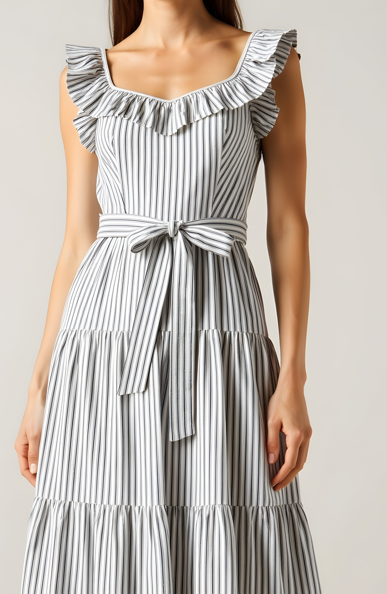 Modenaire Striped Tiered Midi Dress with Ruffle Sleeves and Front Waist Tie, Alternate, color, 