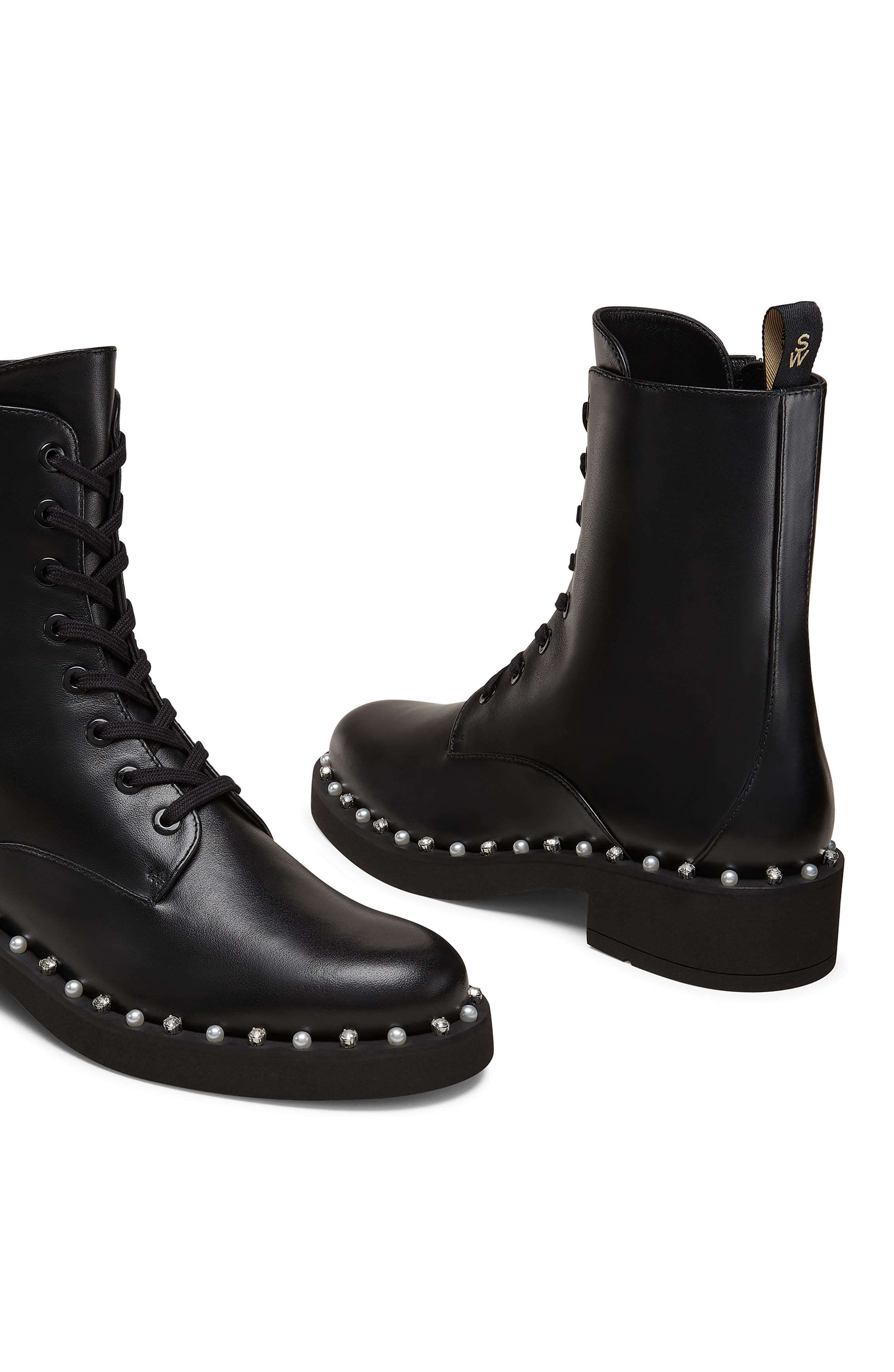 Stuart Weitzman Reverie Lace-Up Bootie, Alternate, color, Black