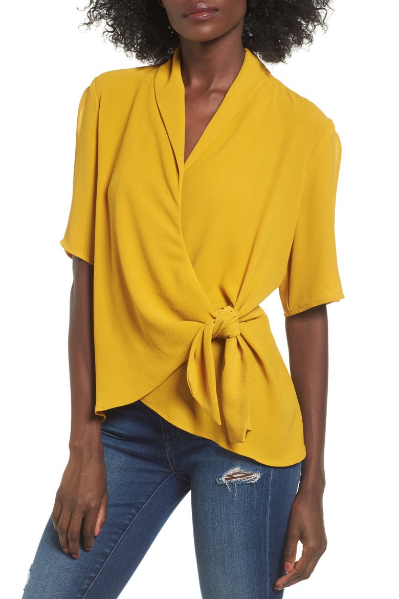 Tie Front Wrap Top, Main, color, OLIVE TAWNY