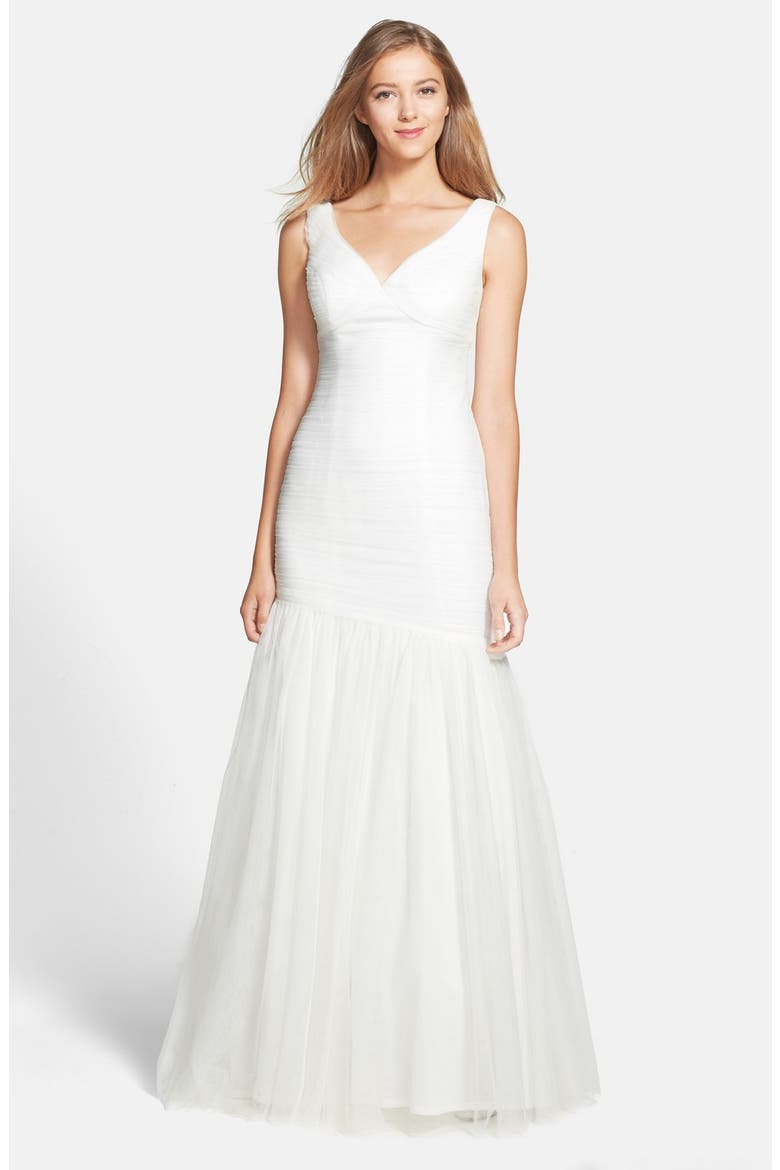 V-Neck Shirred Tulle Trumpet Dress, Main, color, IVORY