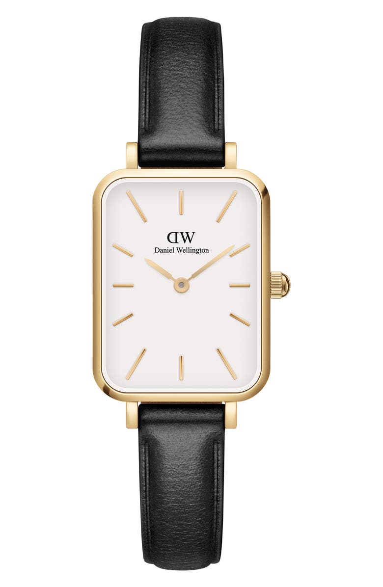 Daniel Wellington Quadro Pressed Sheffield Leather Strap Watch, 20mm x 26mm, Main, color, Gold/ White/ Black