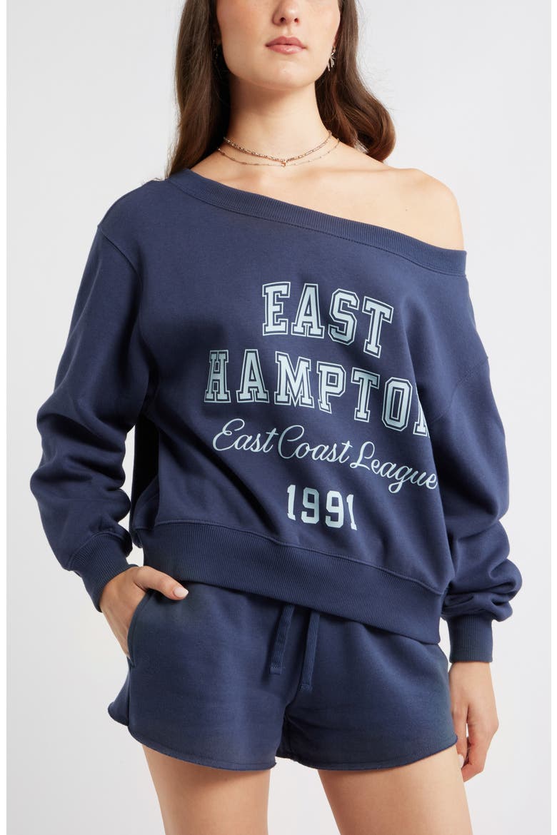 Off the Shoulder Fleece Graphic Sweatshirt, Main, color, NAVY- BLUE HAMPTON
