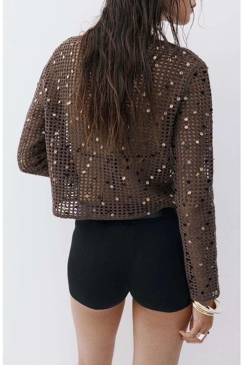 Sequined Crocheted Sweater, Alternate, color, CHOCOLATE