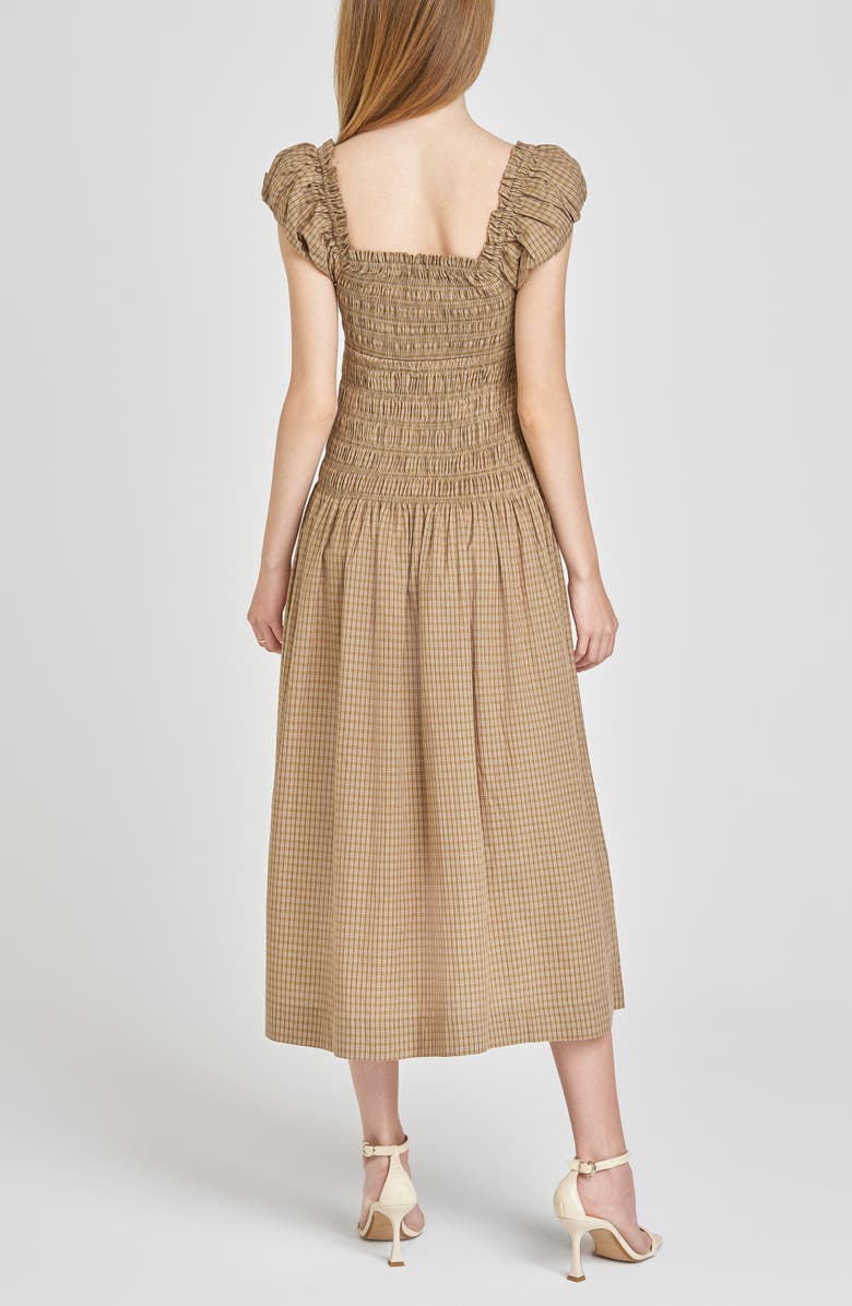 WAYF Cassidy Plaid Smock Bodice Cotton Midi Dress, Alternate, color, Khaki Plaid