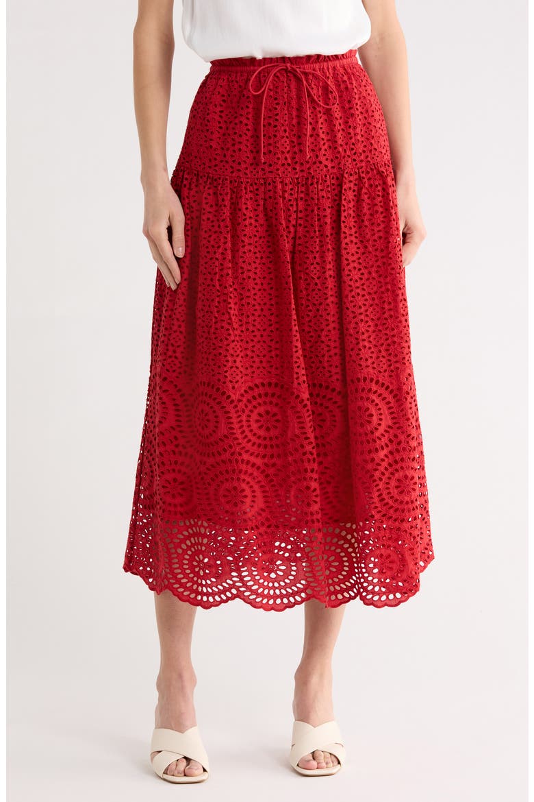 Marlie Embroidered Eyelet Cotton Midi Skirt, Main, color, HENNA