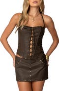EDIKTED Stormi Faux Leather Lace-Up Corset Halter Top