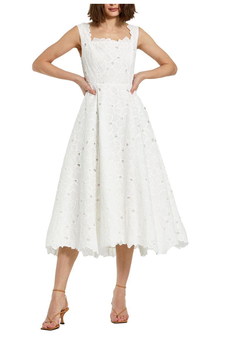 Mac Duggal Embroidered Floral A Line Sleeveless Midi Dress, Main, color, White
