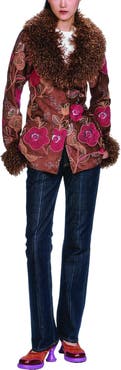 Anna Sui Poiret Rose Embroidered Faux Suede Faux Fur Trim Jacket