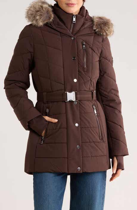 Michael Kors Faux Fur Trim Belted Puffer Jacket
