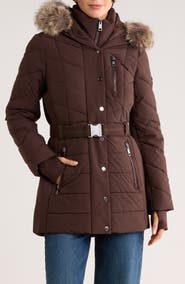 Michael Kors Faux Fur Trim Belted Puffer Jacket