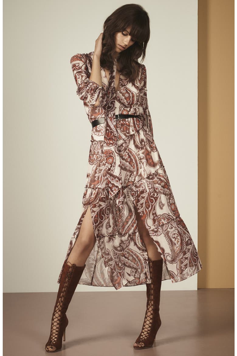 Tie Neck Peasant Midi Dress, Alternate, color, IVORY EGGNOG PAISLEY