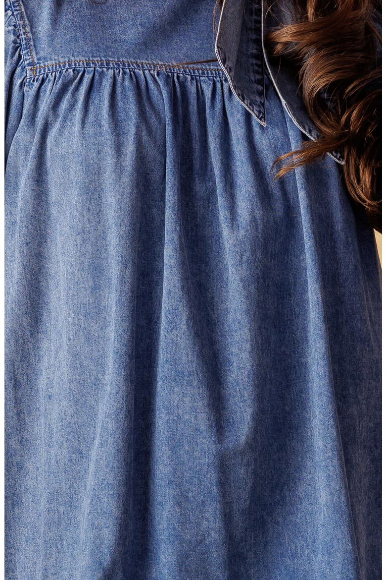 Tie Neck Balloon Sleeve Denim Trapeze Dress, Alternate, color, DARK INDIGO