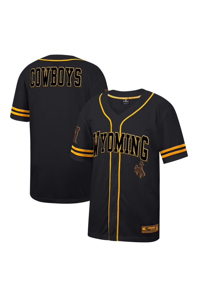 Men's Colosseum Black Wyoming Cowboys Free Spirited Mesh Button-Up Baseball Jersey, Main, color, Black