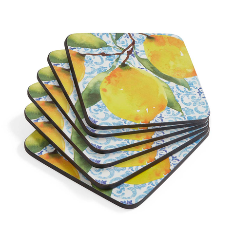Amalfi Lemons Set Of 6 Cork Back Coasters, 4"