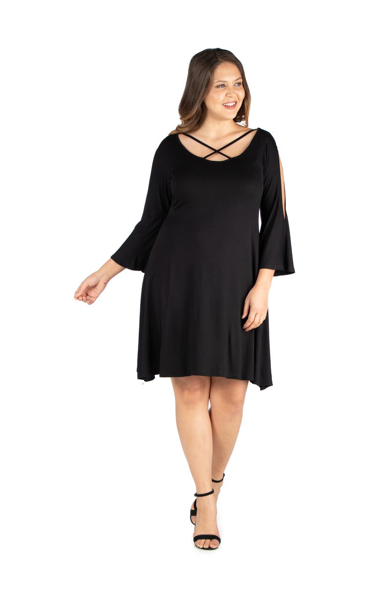 24seven Comfort Apparel Criss Cross Neckline Cold Shoulder Dress, Main, color, Black