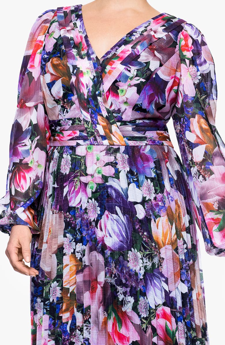 Betsy & Adam Metallic Floral Pleated Long Sleeve Gown, Alternate, color, Purple Multi