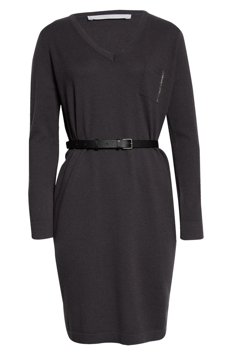 Fabiana Filippi Beaded Pocket Belted Wool Blend Long Sleeve Knit Dress, Alternate, color, Dark Grey