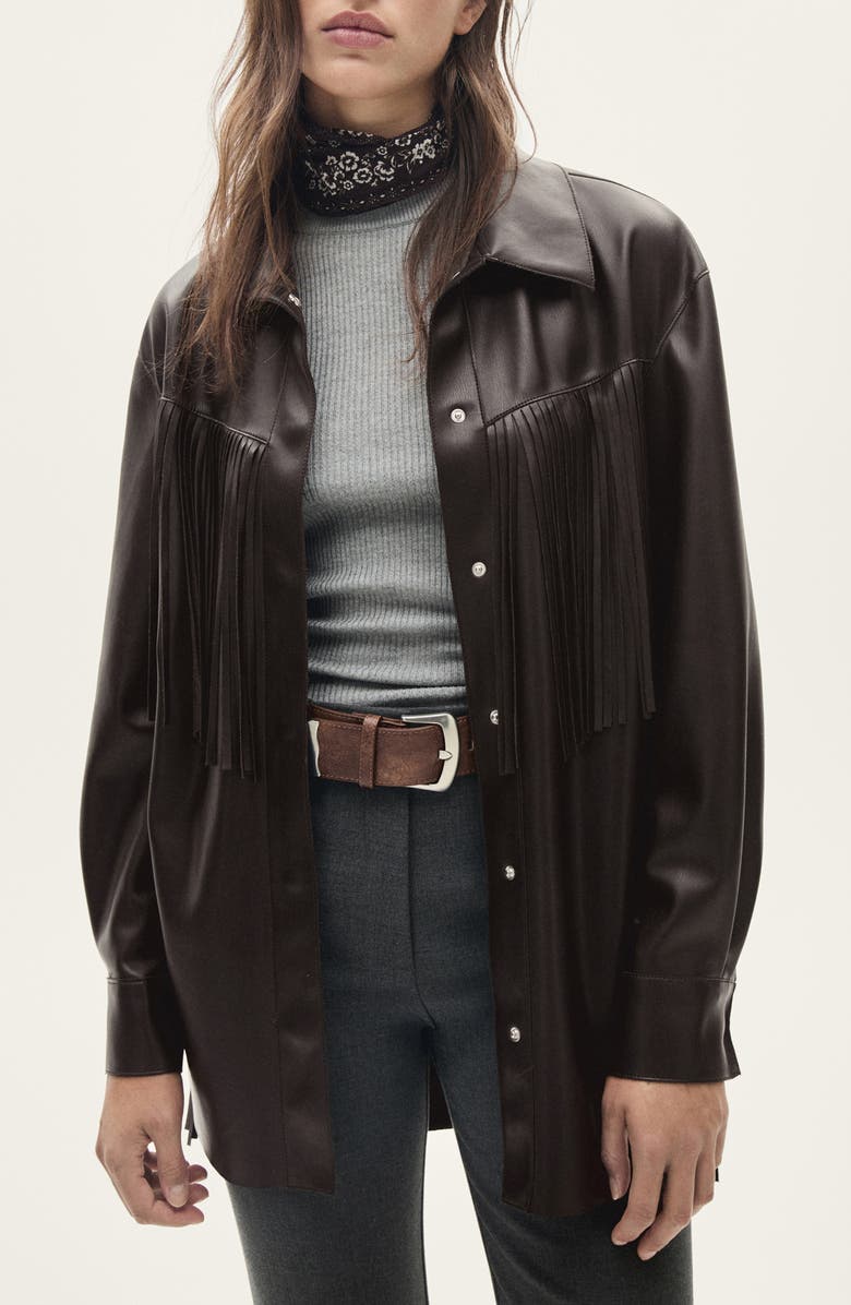 MANGO Oversize Fringe Trim Faux Leather Overshirt, Main, color, 