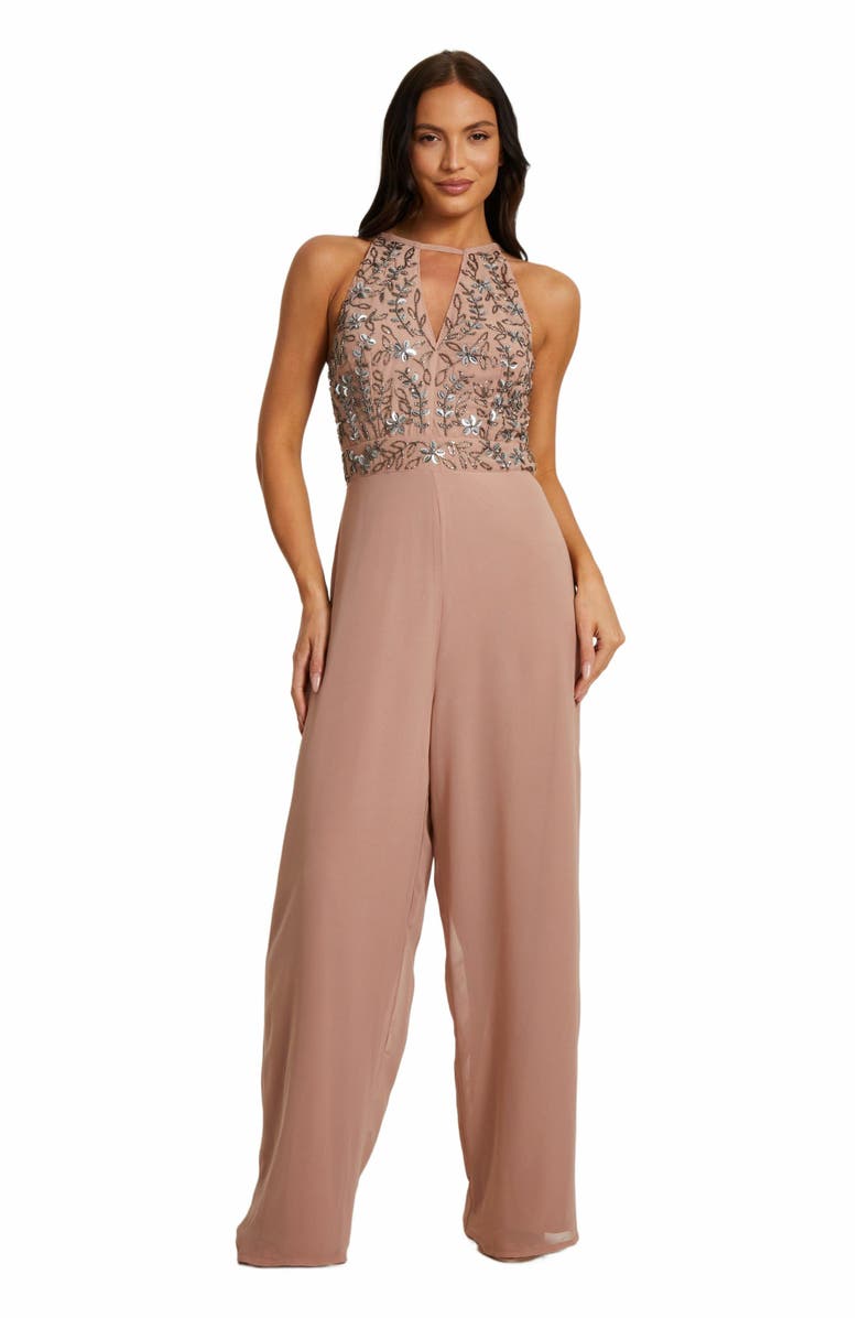 QUIZ Beaded V Neck Chiffon Jumpsuit, Main, color, Soft Pink