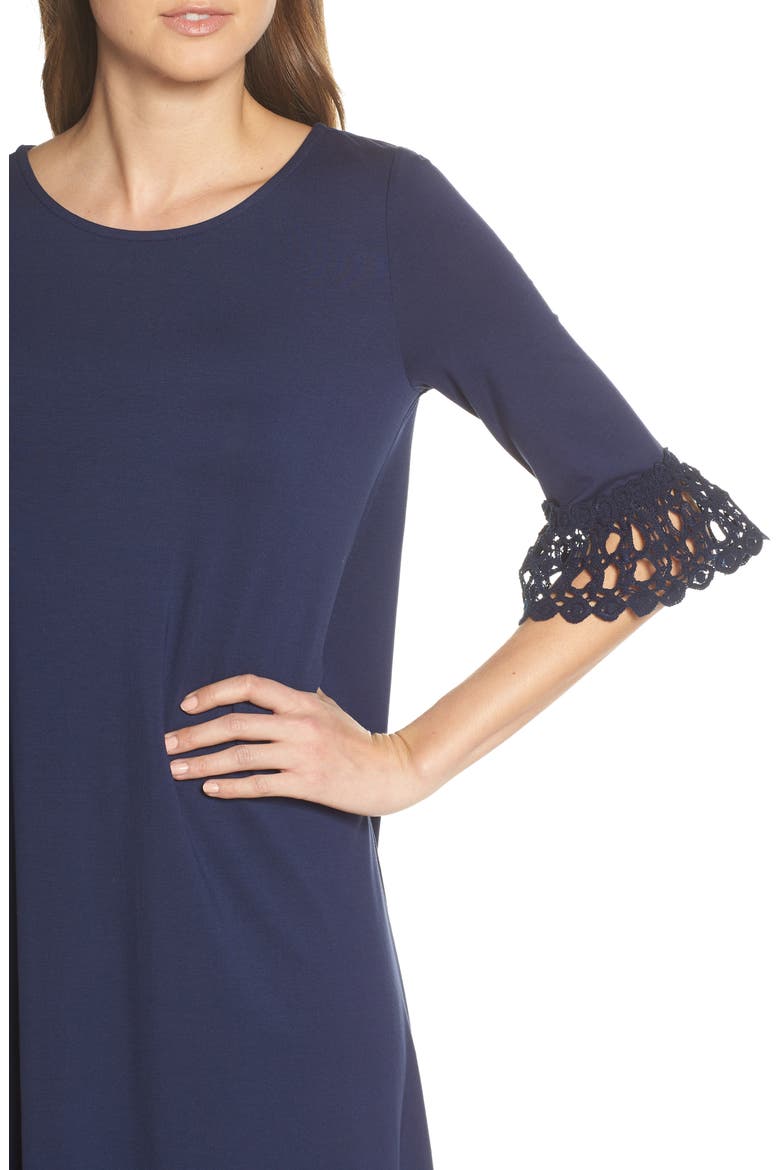 Ophelia Crochet Cuff Shift Dress, Alternate, color, TRUE NAVY