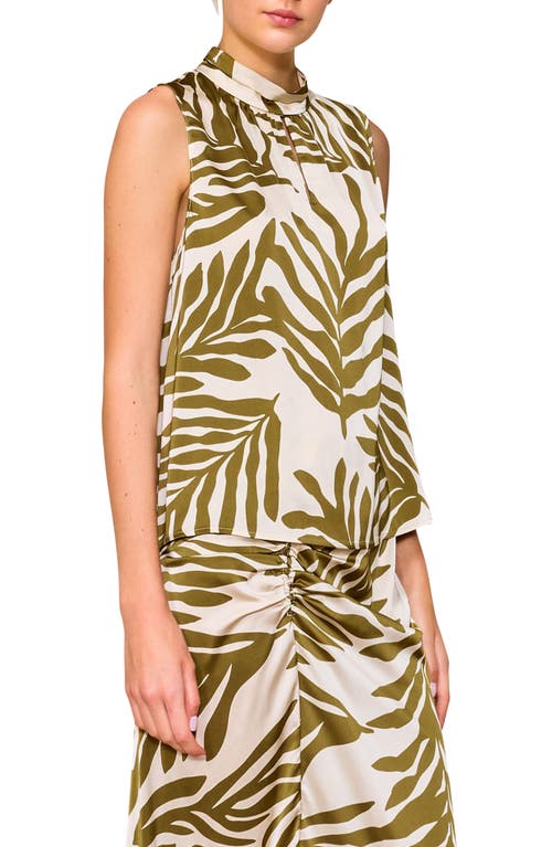 Melloday Floral Sleeveless Satin Top In Olive Cream Leaf