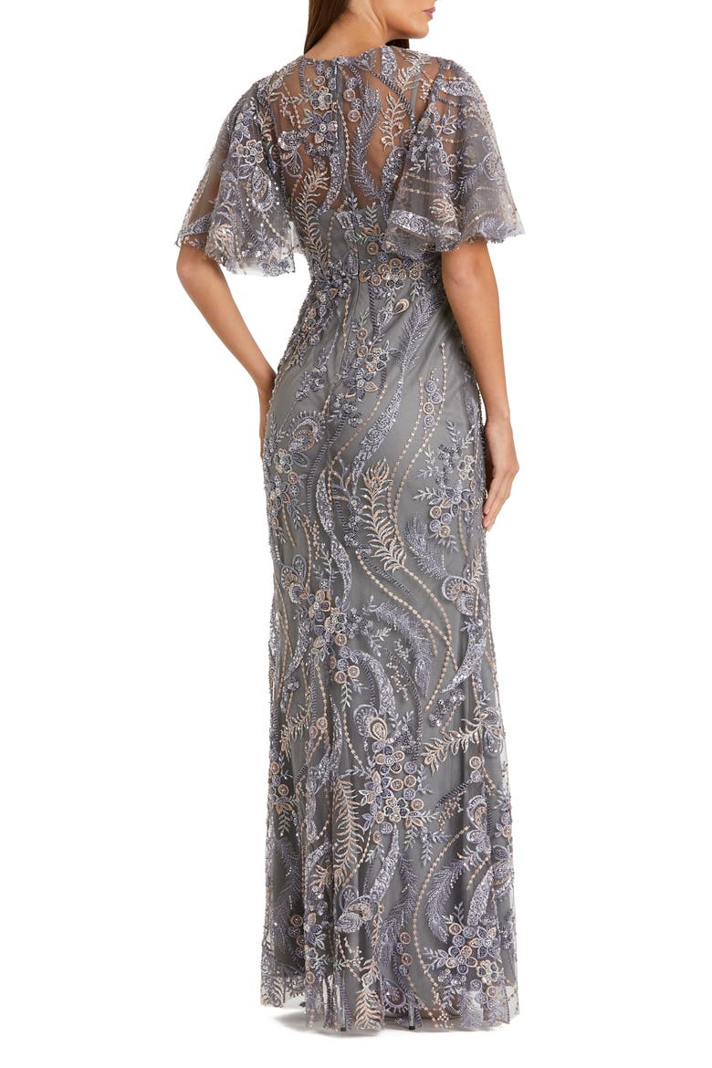 High Neck Flutter Sleeve Floral Embroidered Gown, Alternate, color, Charcoal