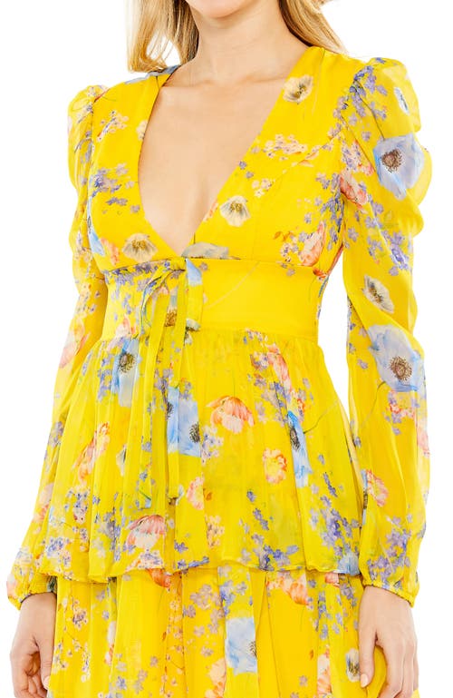 Mac Duggal Floral Print Puff Sleeve Ruffled Mini Dress In Yellow Multi