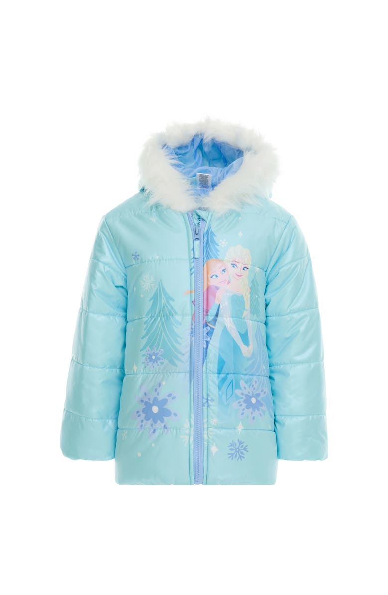 Disney Frozen Faux Fur Hooded Puffer Coat, Main, color, Light Blue Anna Elsa
