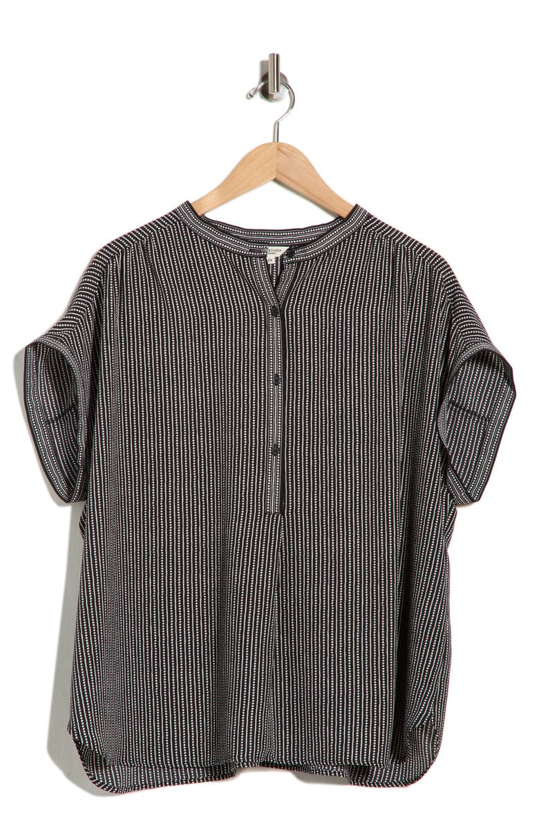 MAX STUDIO Half Placket Short Sleeve Top, Main, color, Black/ Cream Stripe Dash