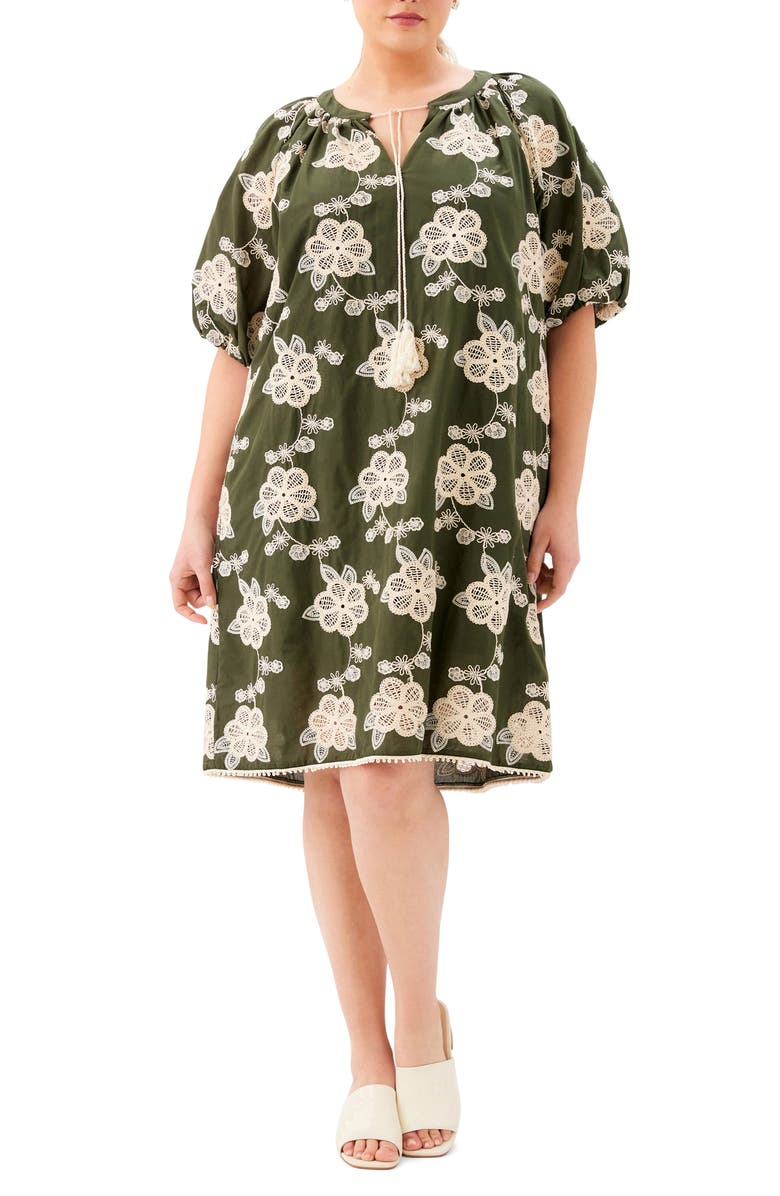 Karen Kane Embroidered Tassel Tie Puff Sleeve Shift Dress, Main, color, Olive/ Natural