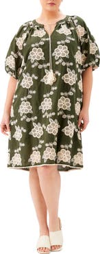 Karen Kane Embroidered Tassel Tie Puff Sleeve Shift Dress
