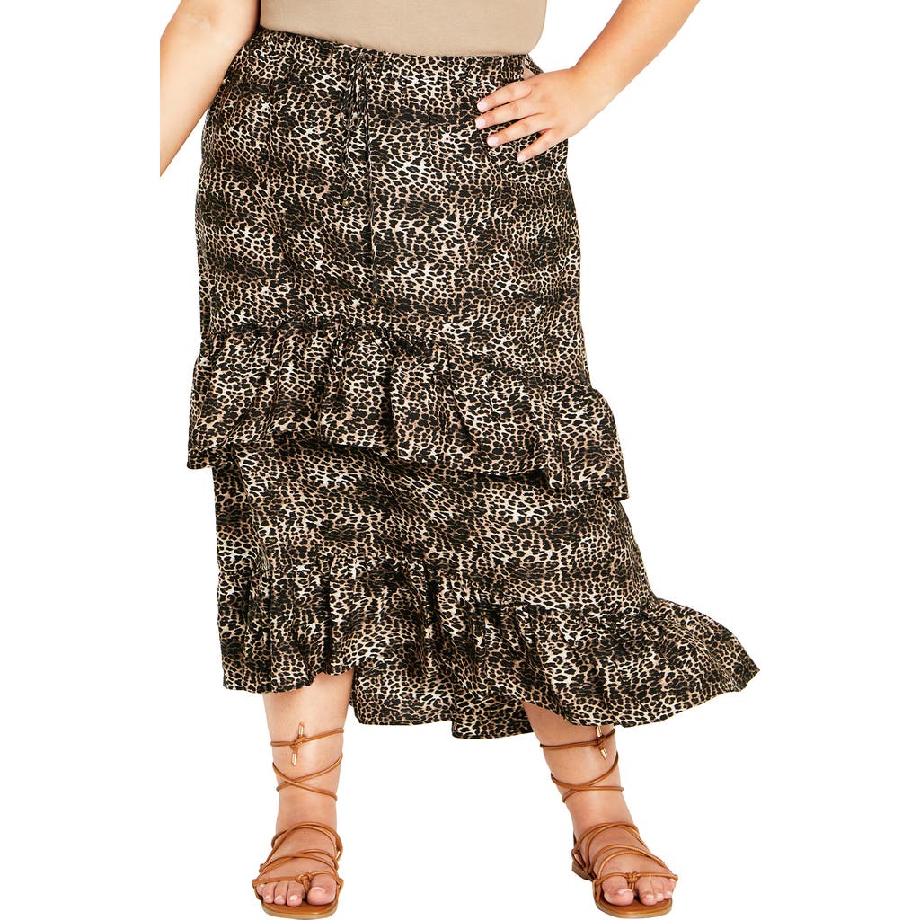 City Chic Print Ruffle Maxi Skirt In Taupe Mini Leopard