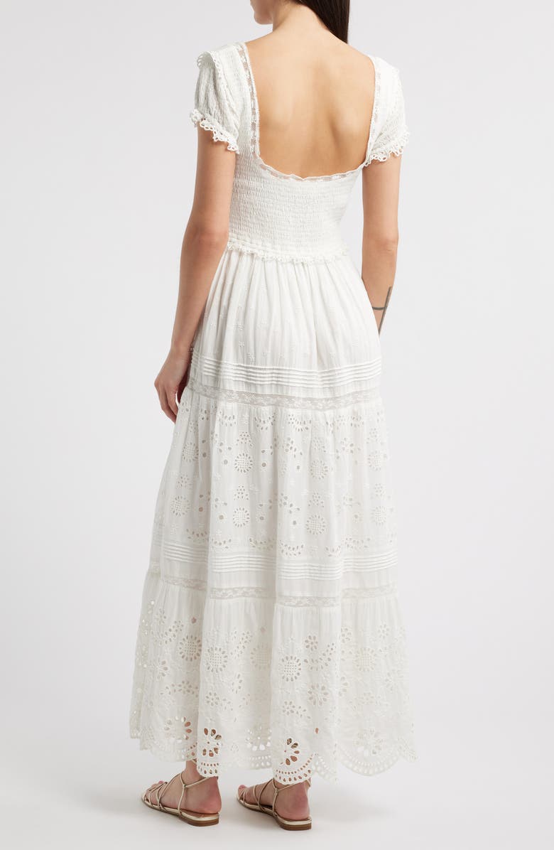 LoveShackFancy Bisolet Lace Trim Tiered Sundress, Alternate, color, Optic White