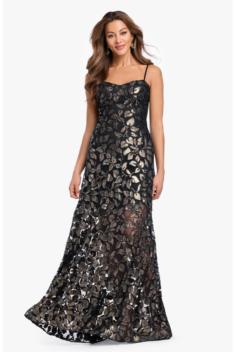 Metallic Leaf Burnout Gown, Alternate, color, BLK/ GOLD