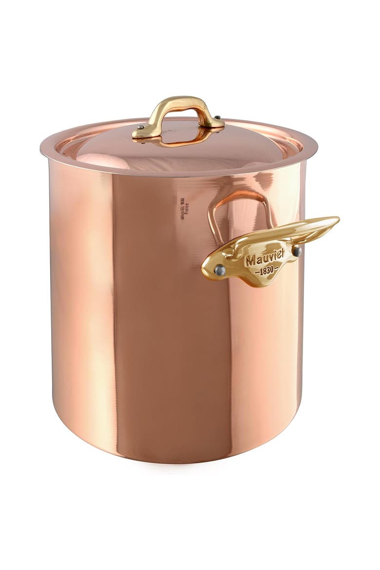 M'Heritage 150 B Copper 9.9-Quart Stockpot With Lid and Brass Handles, Main, color, Copper
