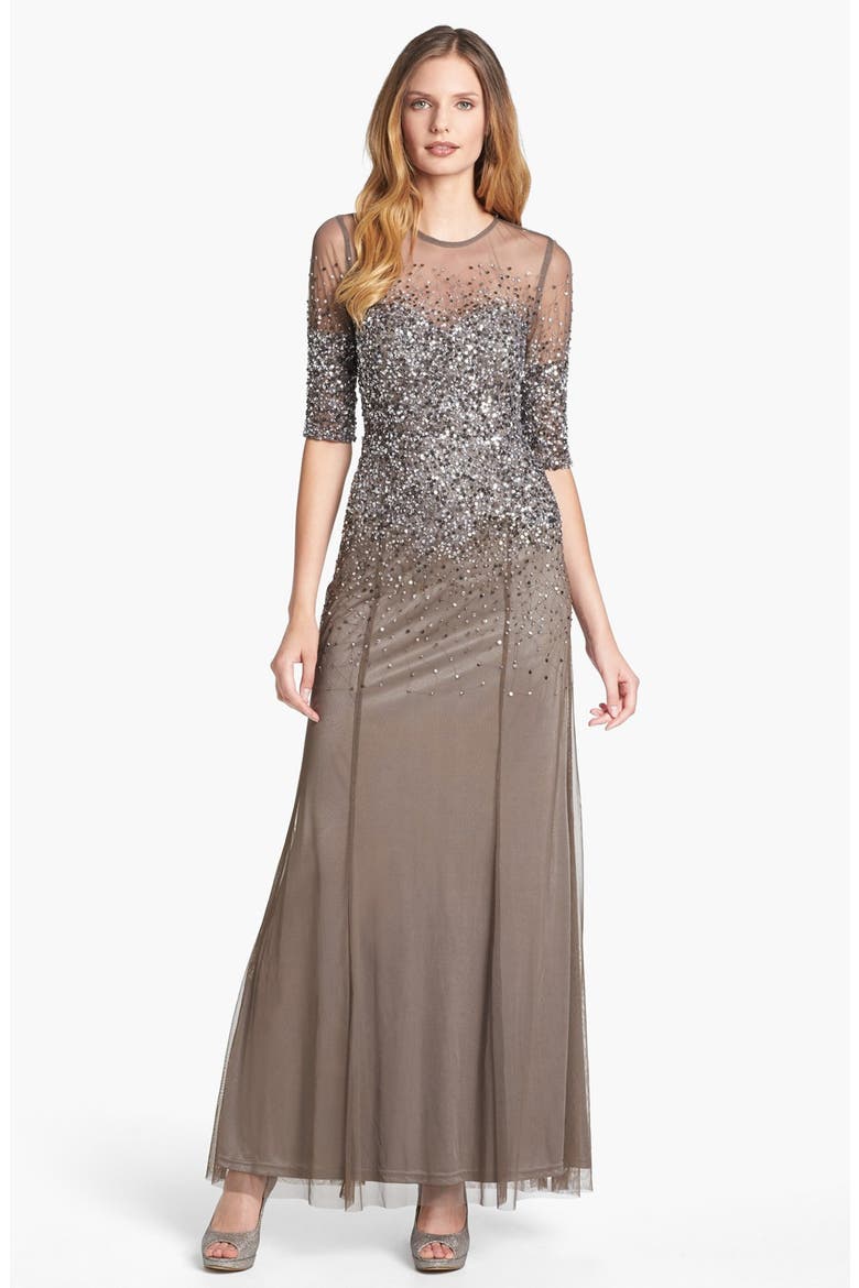 Beaded Illusion Bodice Mesh Gown, Main, color, LEAD