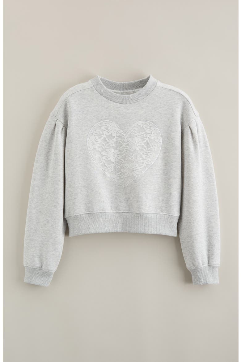 Kids' Pretty Lace Appliqué Sweatshirt, Main, color, GREY LIGHT HEATHER LACE HEART