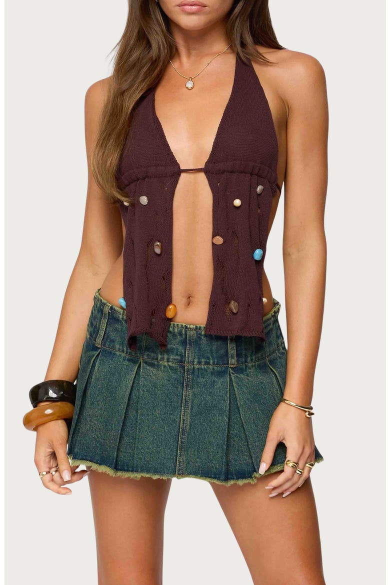 Beaded Distressed Split Front Halter Top, Main, color, BROWN