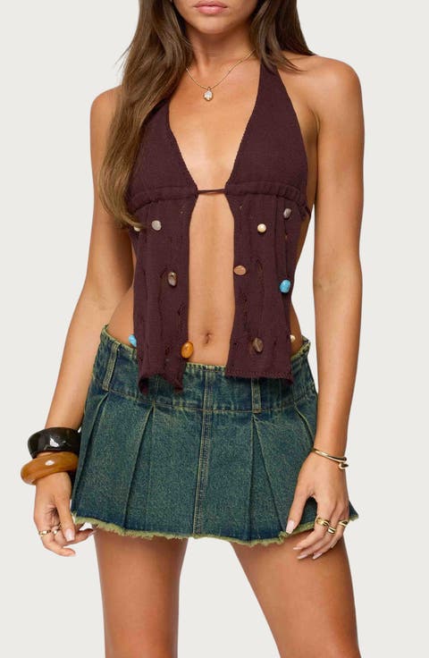 Beaded Distressed Split Front Halter Top