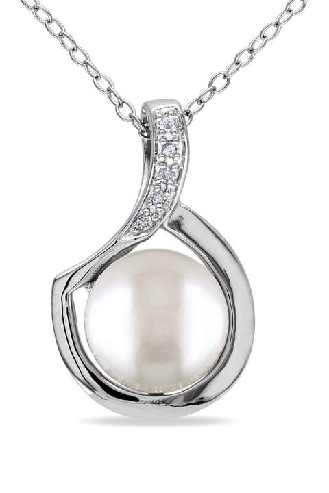 Sterling Silver 9-9.5mm White Freshwater Pearl & Diamond Fashion Pendant Necklace