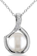 DELMAR Sterling Silver 9-9.5mm White Freshwater Pearl & Diamond Fashion Pendant Necklace