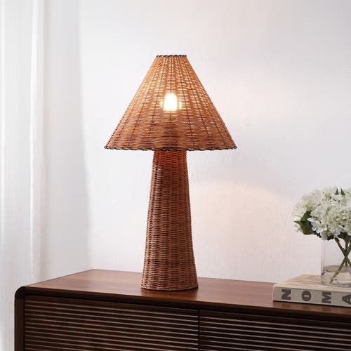 Jonathan Y Kara 26.5" Modern Coastal Woven Rattan Tapered Cylinder Led Table Lamp In Brown