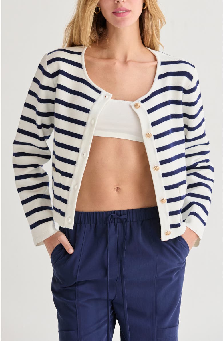 CRESCENT Striped Jacquard Knit Cardigan, Alternate, color, Ivory/Navy