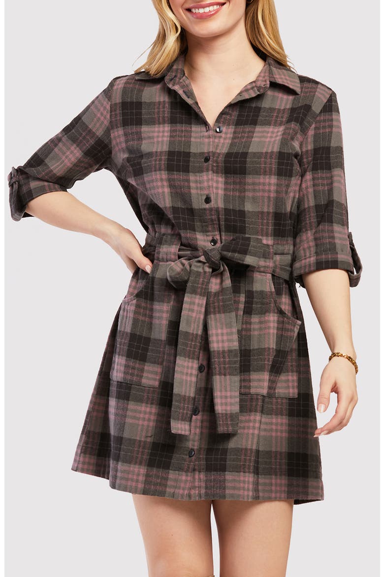 Plaid Mini Shirtdress, Alternate, color, GREY PINK