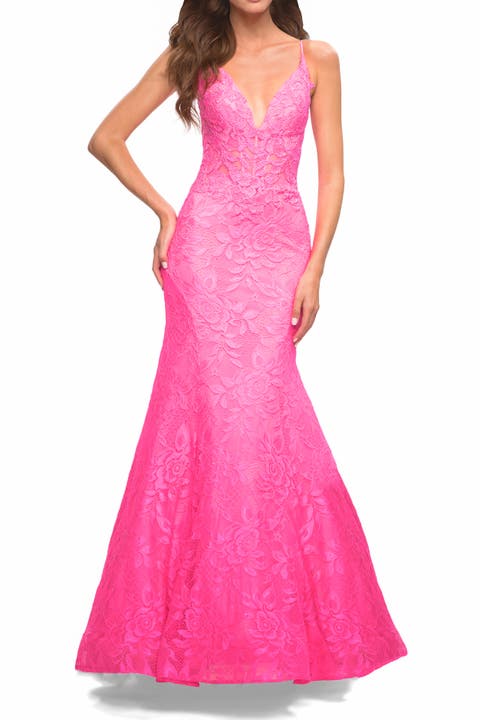Neon Pink Mermaid Lace Prom Dress with Sheer Jeweled Bodice