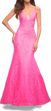 La Femme Neon Pink Mermaid Lace Prom Dress with Sheer Jeweled Bodice