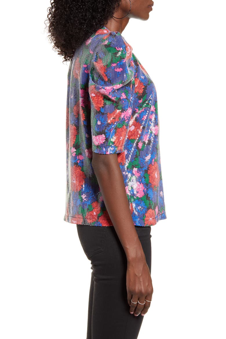 Greyson Sequin Puff Sleeve Top, Alternate, color, BLUE FLORAL SEQUINS