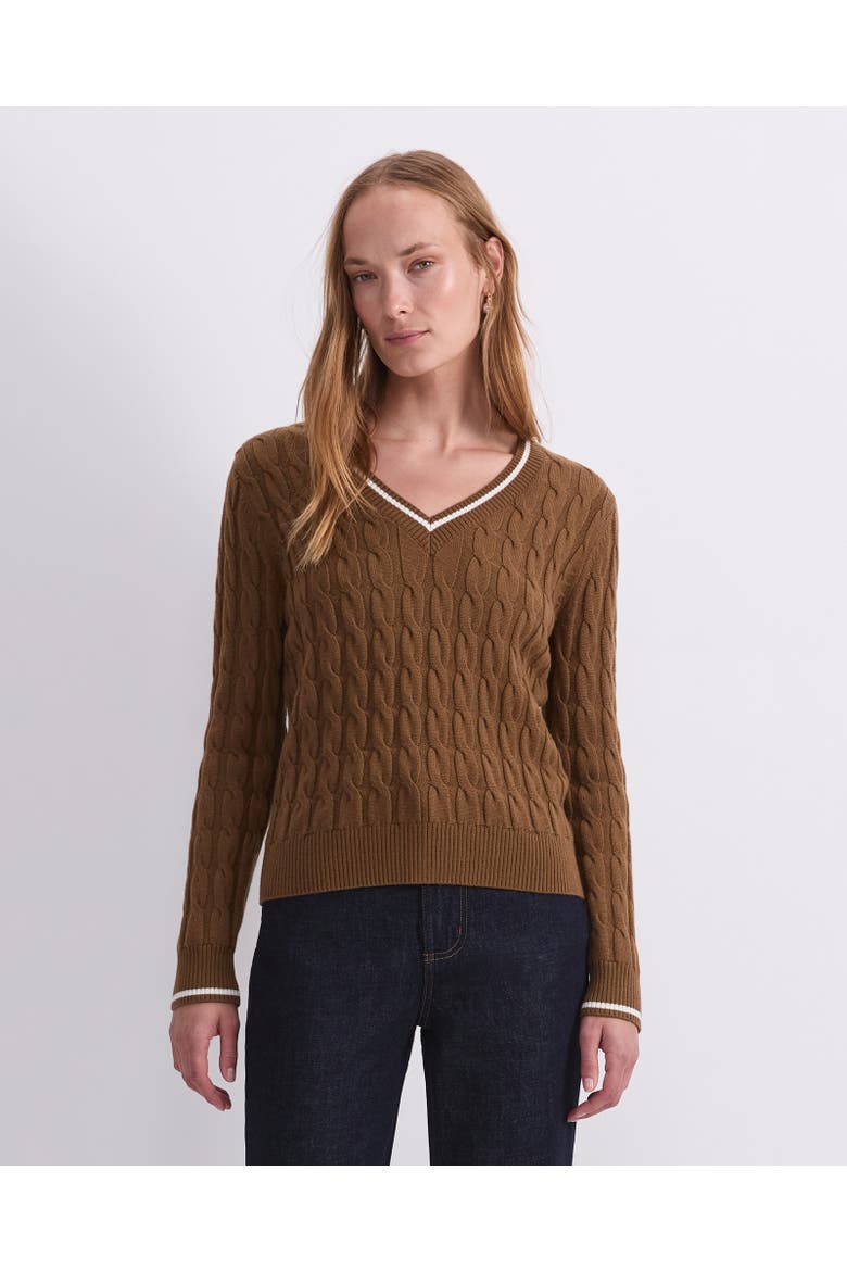Merino Cable V Neck Sweater, Main, color, Tobacco