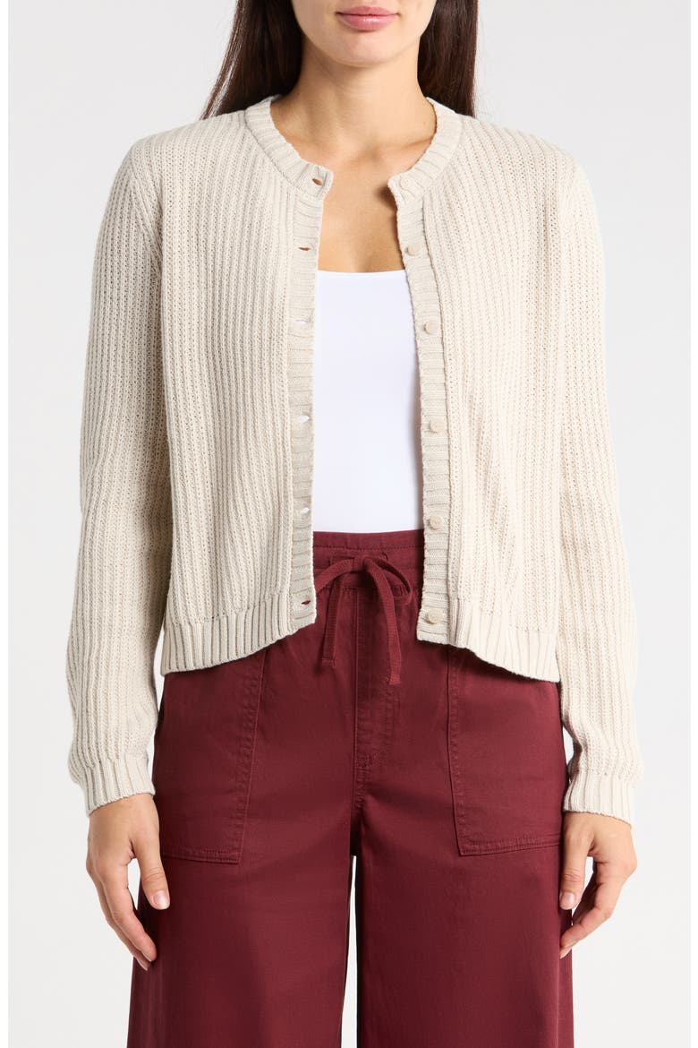 Felicity Crewneck Cotton Blend Cardigan, Main, color, PALE OAK HEATHER